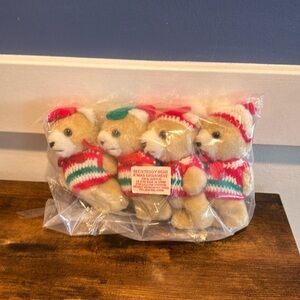 Set of 4 Tan Bear Plush 5 Inch Christmas Ornaments Sweater Cap Stuffed Animal